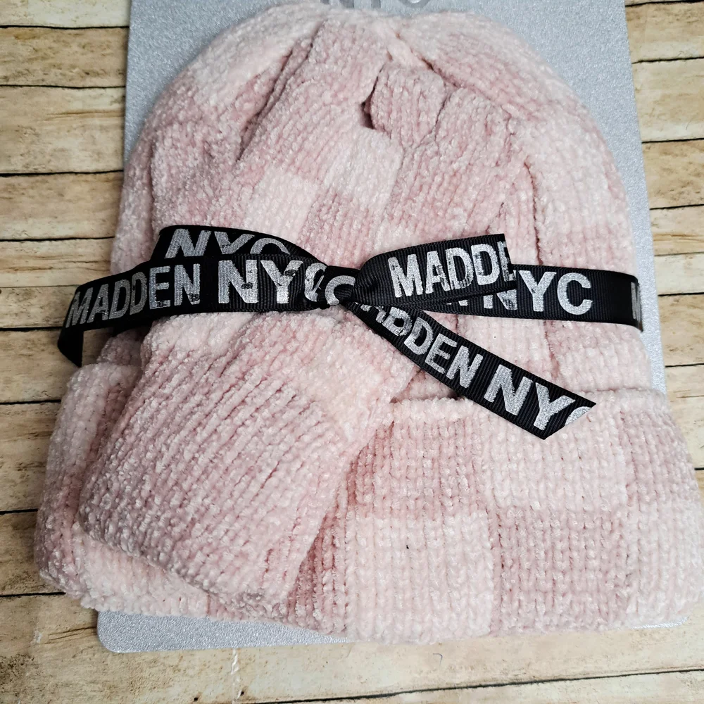 Madden NYC Pink 2 Piece Checker Beanie and Gloved Set One Size Fit Most